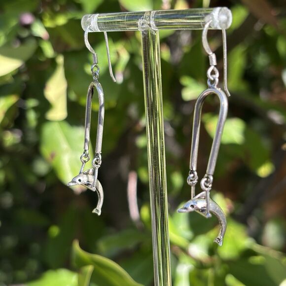 Vintage Sterling Silver Dolphin Dangle Earrings 925 Spinning Charm Long Drop - Picture 3 of 6